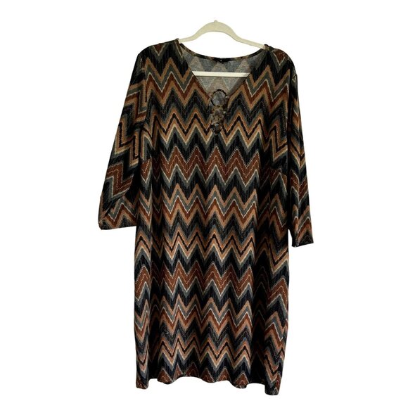 Tacera 3X Womens Chevron Print Dress  Long Sleeves Retro Vibes 70s Plus Size - Picture 1 of 8